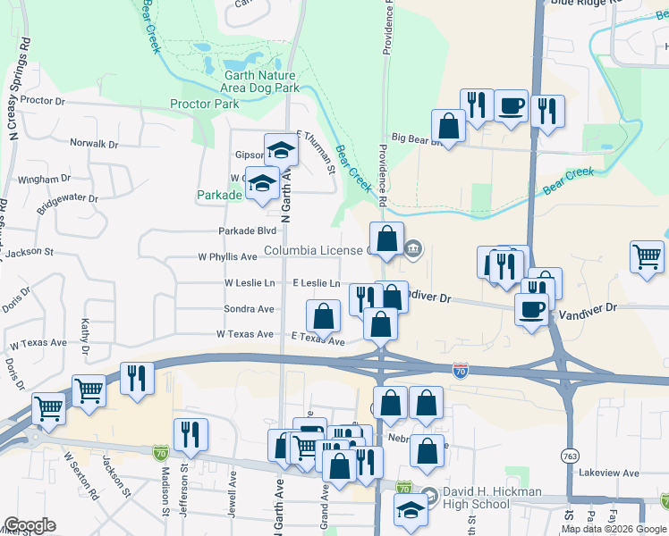 map of restaurants, bars, coffee shops, grocery stores, and more near 1916 Newton Drive in Columbia