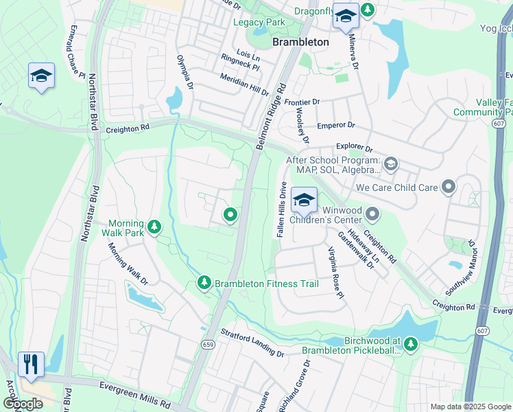 map of restaurants, bars, coffee shops, grocery stores, and more near 23294 Evening Primrose Square in Ashburn