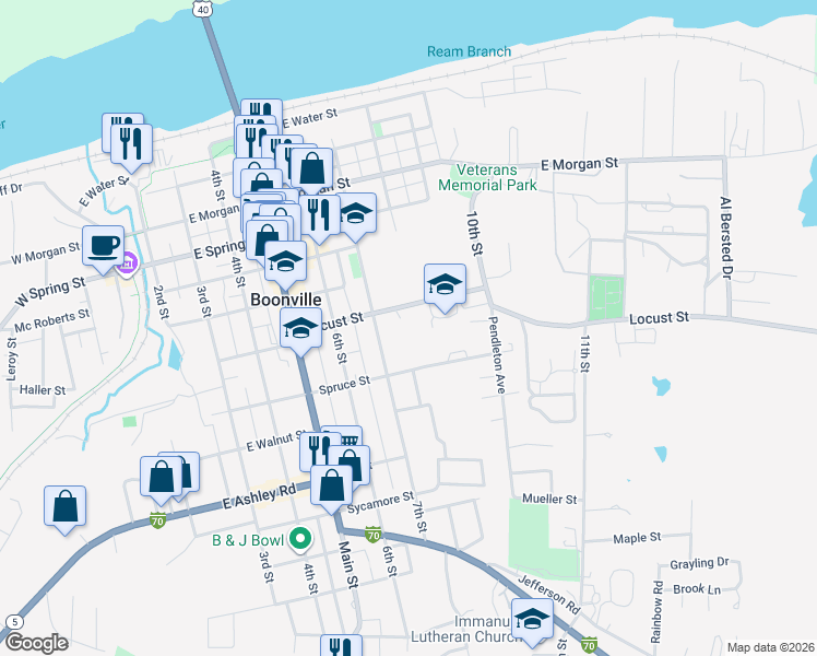 map of restaurants, bars, coffee shops, grocery stores, and more near 714 Locust Street in Boonville