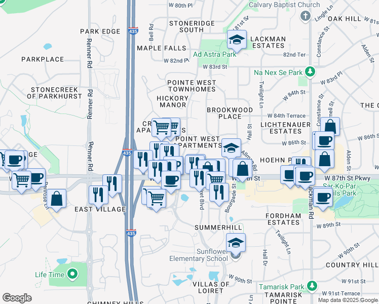 map of restaurants, bars, coffee shops, grocery stores, and more near 8616 Schweiger Court in Lenexa