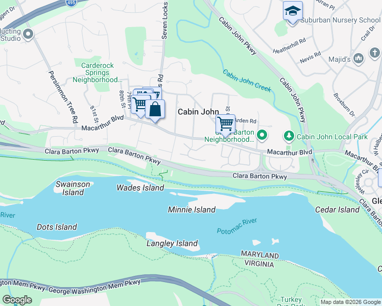 map of restaurants, bars, coffee shops, grocery stores, and more near 6451 Wishbone Terrace in Cabin John