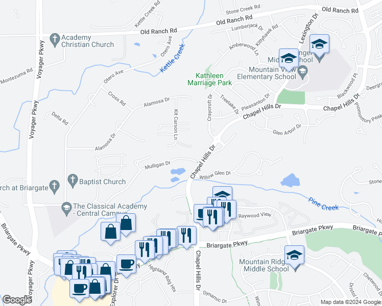 map of restaurants, bars, coffee shops, grocery stores, and more near 9765 Kit Carson Lane in Colorado Springs