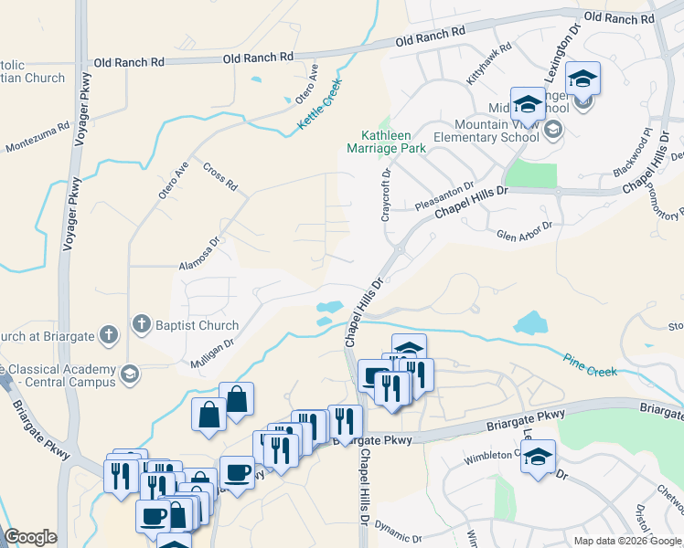 map of restaurants, bars, coffee shops, grocery stores, and more near 9765 Kit Carson Lane in Colorado Springs
