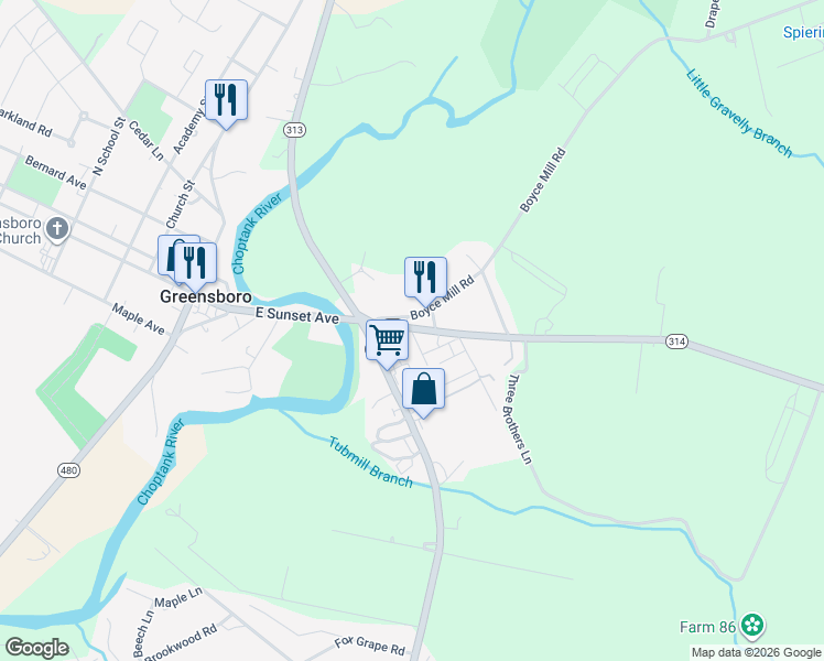 map of restaurants, bars, coffee shops, grocery stores, and more near 112 Boyce Mill Road in Greensboro