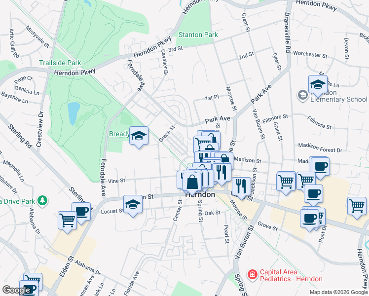 map of restaurants, bars, coffee shops, grocery stores, and more near 117 Fortnightly Boulevard in Herndon