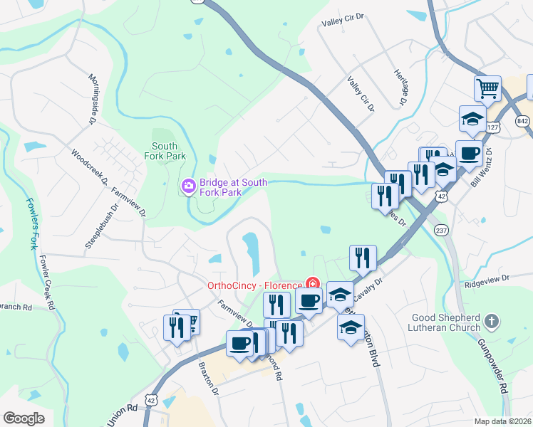 map of restaurants, bars, coffee shops, grocery stores, and more near 43 Rio Grande Circle in Florence