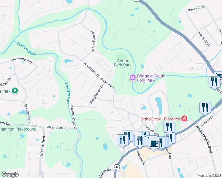 map of restaurants, bars, coffee shops, grocery stores, and more near 2693 Hilltop Court in Florence