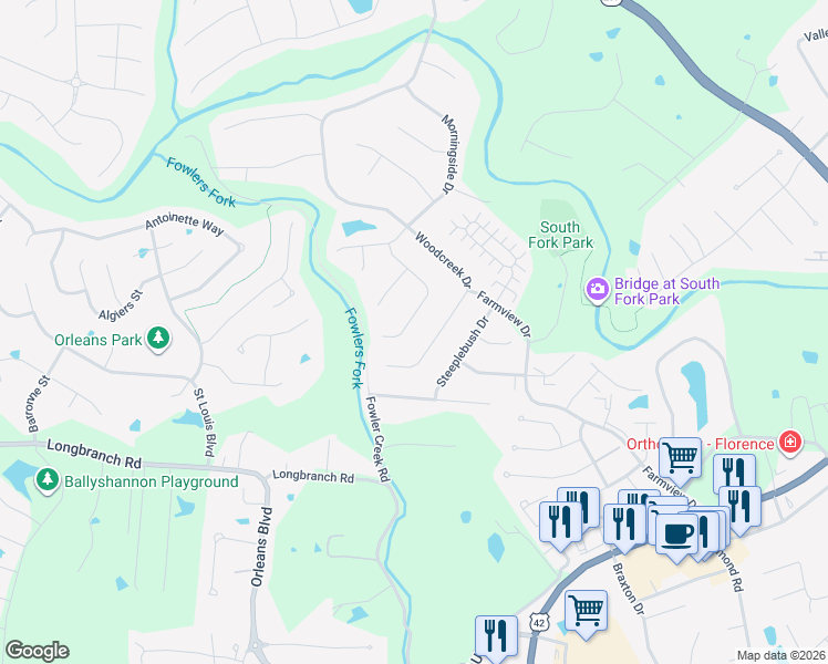 map of restaurants, bars, coffee shops, grocery stores, and more near 1842 Mountainview Court in Florence