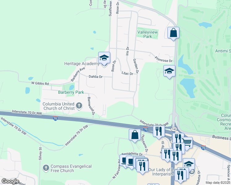 map of restaurants, bars, coffee shops, grocery stores, and more near 2610 Morning Glory Drive in Columbia