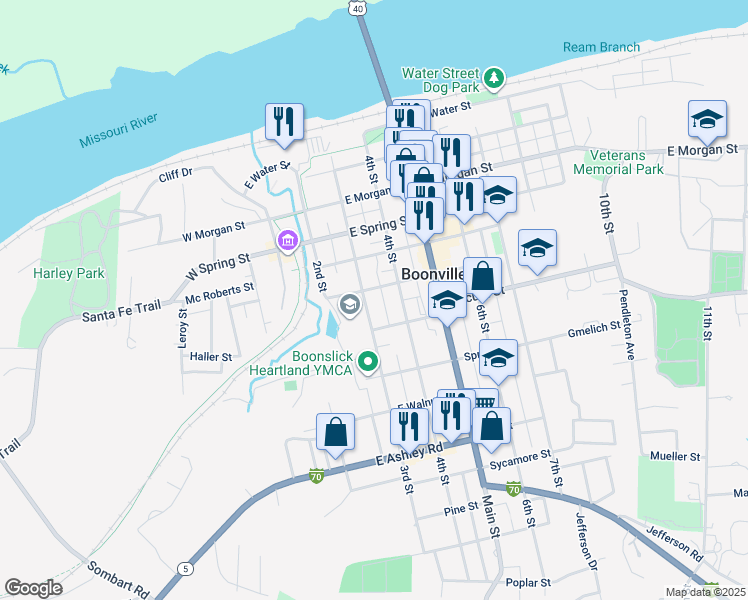 map of restaurants, bars, coffee shops, grocery stores, and more near 201-299 Vine St in Boonville