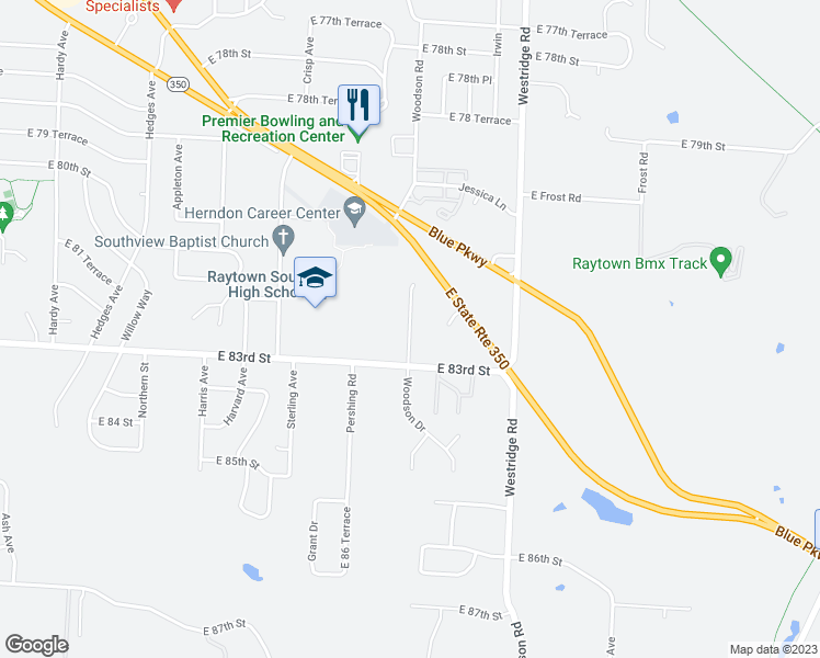 map of restaurants, bars, coffee shops, grocery stores, and more near 8206 Woodson Drive in Raytown