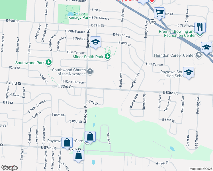 map of restaurants, bars, coffee shops, grocery stores, and more near 10116 East 83rd Street in Raytown