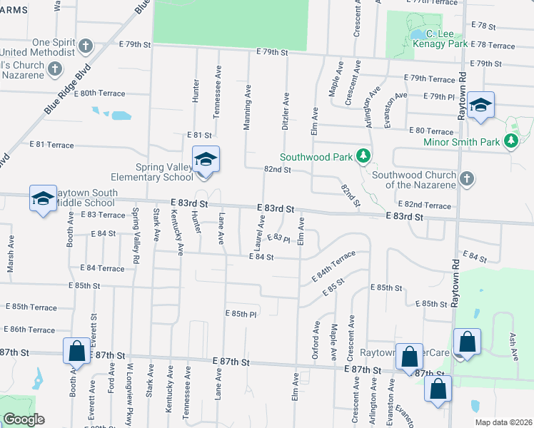 map of restaurants, bars, coffee shops, grocery stores, and more near 9105 East 83rd Street in Raytown