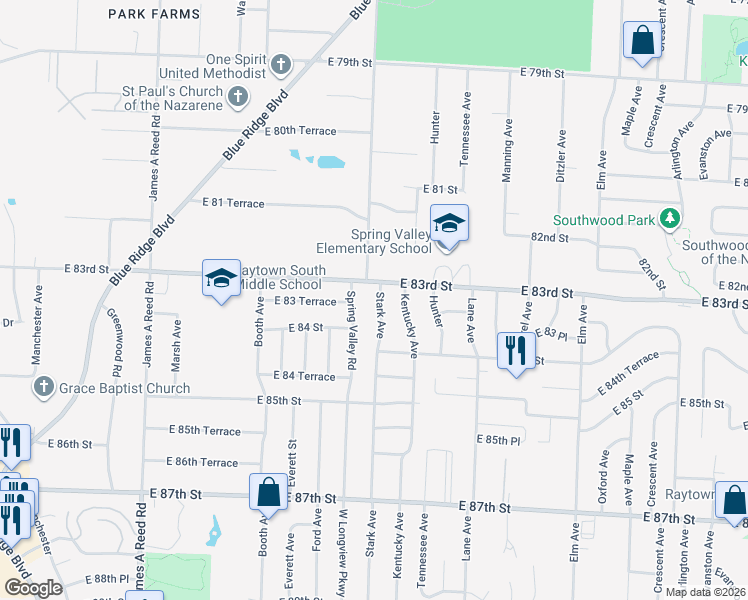 map of restaurants, bars, coffee shops, grocery stores, and more near 8300 Stark Avenue in Raytown