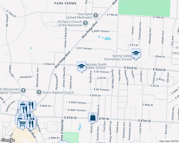 map of restaurants, bars, coffee shops, grocery stores, and more near 8303 Booth Avenue in Raytown