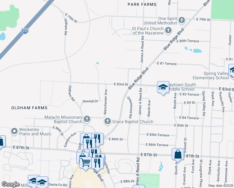 map of restaurants, bars, coffee shops, grocery stores, and more near 8319 Manchester Avenue in Kansas City