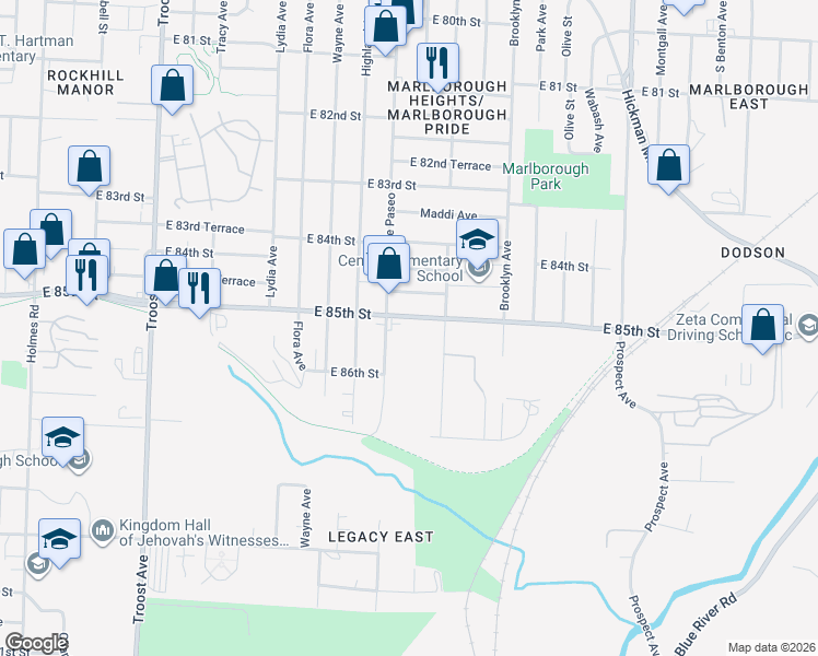 map of restaurants, bars, coffee shops, grocery stores, and more near 1816 East 85th Street in Kansas City