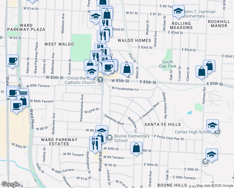 map of restaurants, bars, coffee shops, grocery stores, and more near 119 West Pocahontas Lane in Kansas City