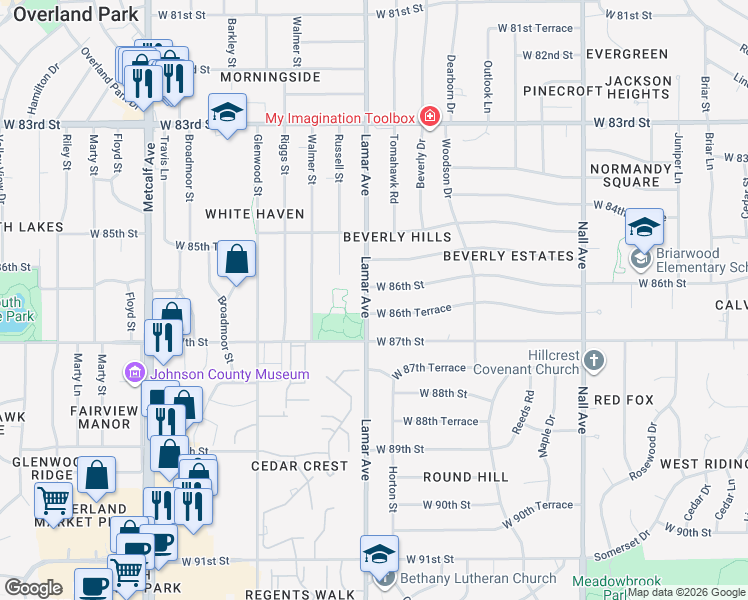 map of restaurants, bars, coffee shops, grocery stores, and more near 6211 West 86th Street in Overland Park