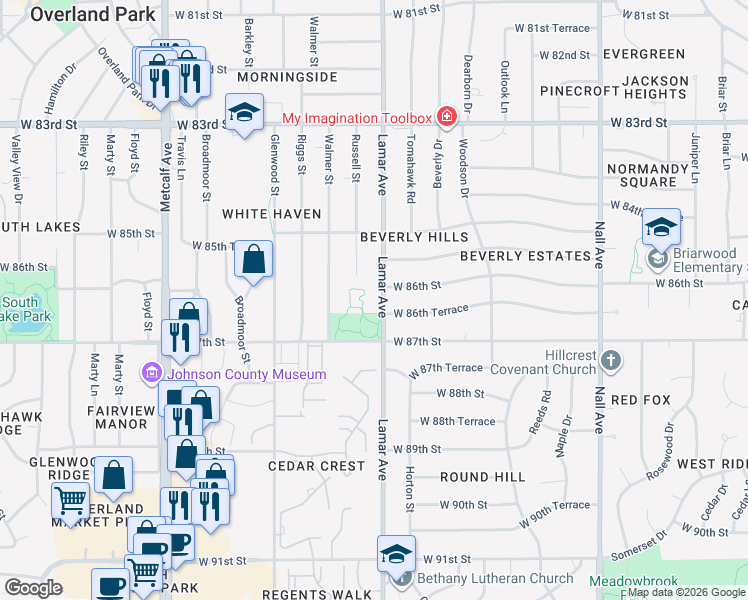 map of restaurants, bars, coffee shops, grocery stores, and more near 8600 Lamar Avenue in Overland Park