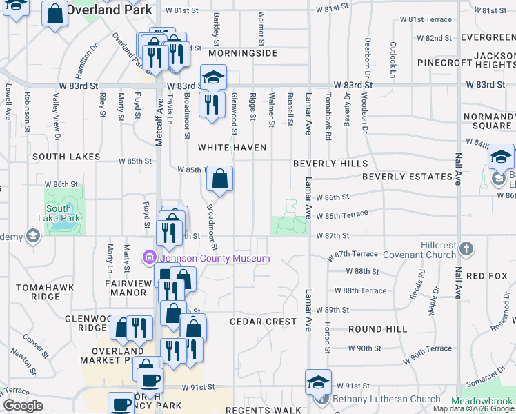 map of restaurants, bars, coffee shops, grocery stores, and more near 8600 Riggs Street in Overland Park