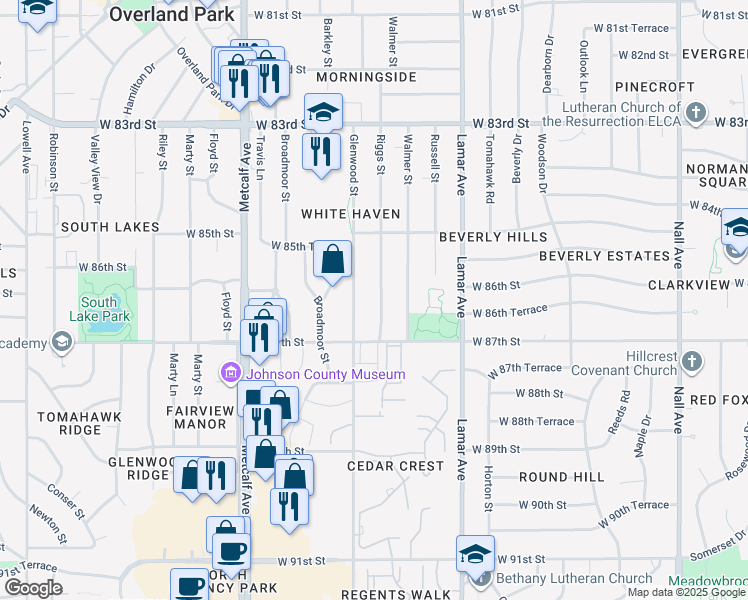 map of restaurants, bars, coffee shops, grocery stores, and more near 8600 Riggs Street in Overland Park