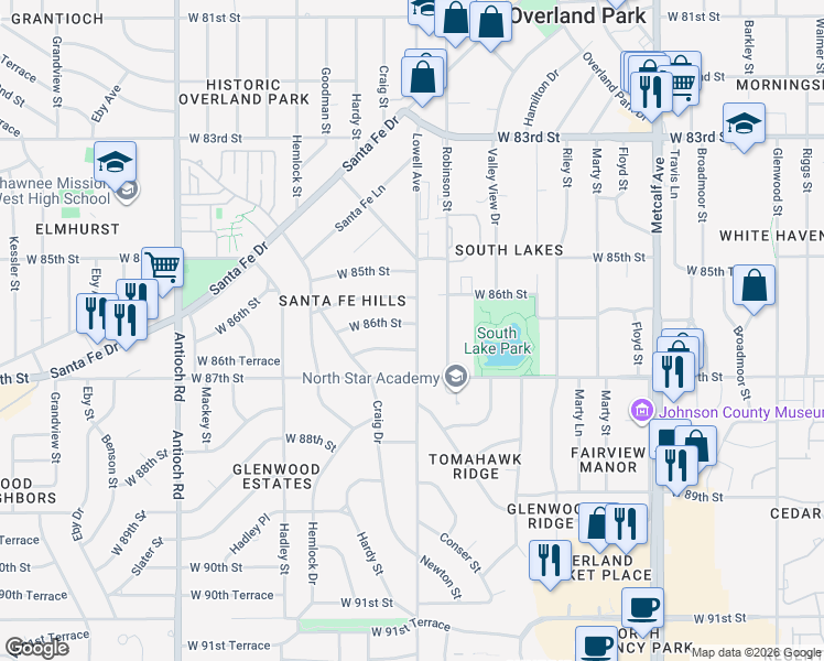 map of restaurants, bars, coffee shops, grocery stores, and more near 7900 West 86th Street in Overland Park