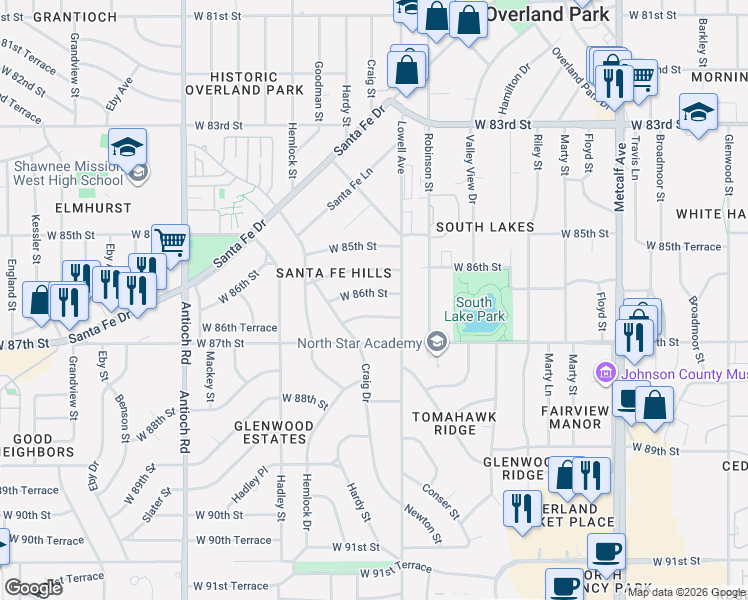 map of restaurants, bars, coffee shops, grocery stores, and more near 8000 West 86th Street in Overland Park