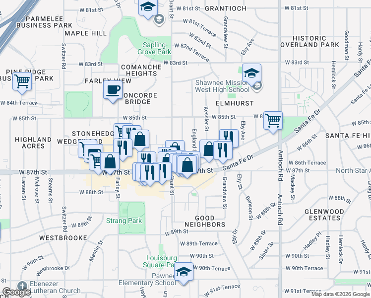 map of restaurants, bars, coffee shops, grocery stores, and more near 8544 Hayes Street in Overland Park