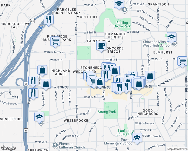 map of restaurants, bars, coffee shops, grocery stores, and more near 8572 Wedd Street in Overland Park