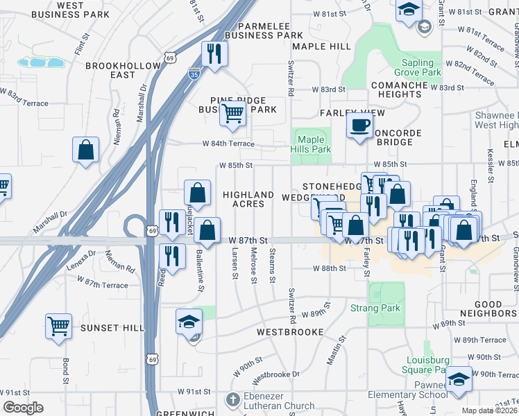 map of restaurants, bars, coffee shops, grocery stores, and more near 8541 Melrose Street in Overland Park