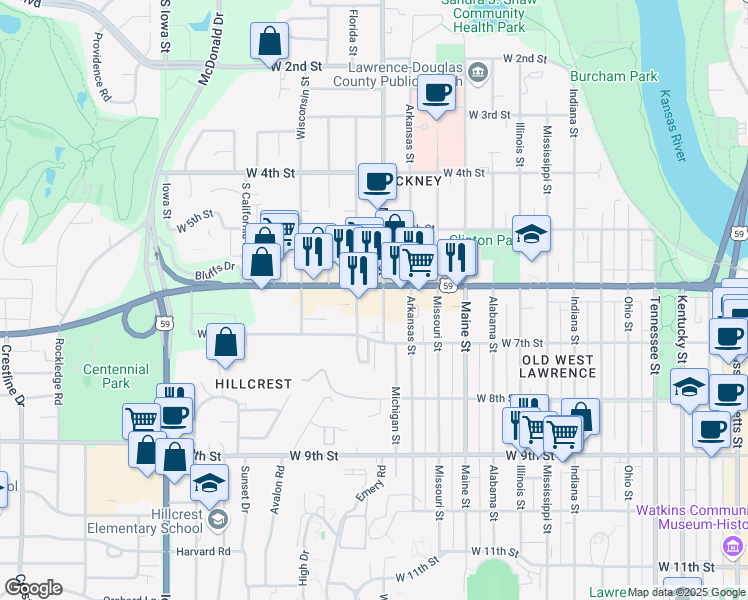 map of restaurants, bars, coffee shops, grocery stores, and more near 611 Michigan Street in Lawrence