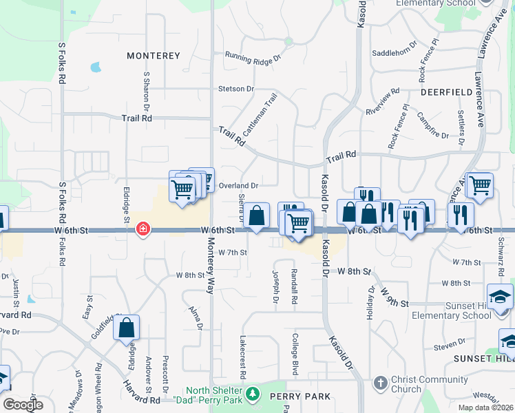 map of restaurants, bars, coffee shops, grocery stores, and more near 3724 Westland Place in Lawrence