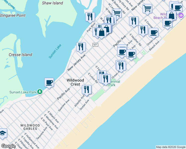 map of restaurants, bars, coffee shops, grocery stores, and more near 210 East Palm Road in Wildwood Crest