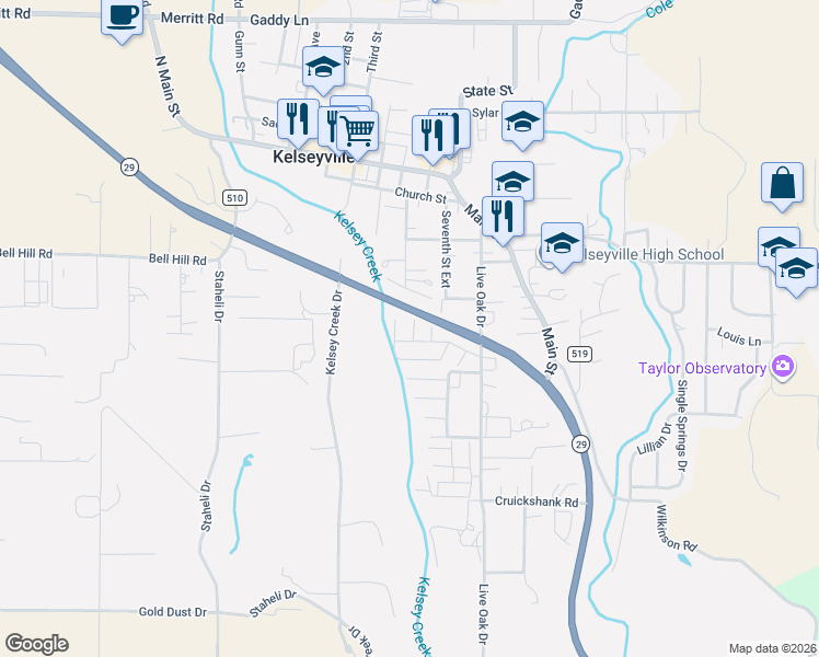 map of restaurants, bars, coffee shops, grocery stores, and more near 5701 Live Oak Drive in Kelseyville