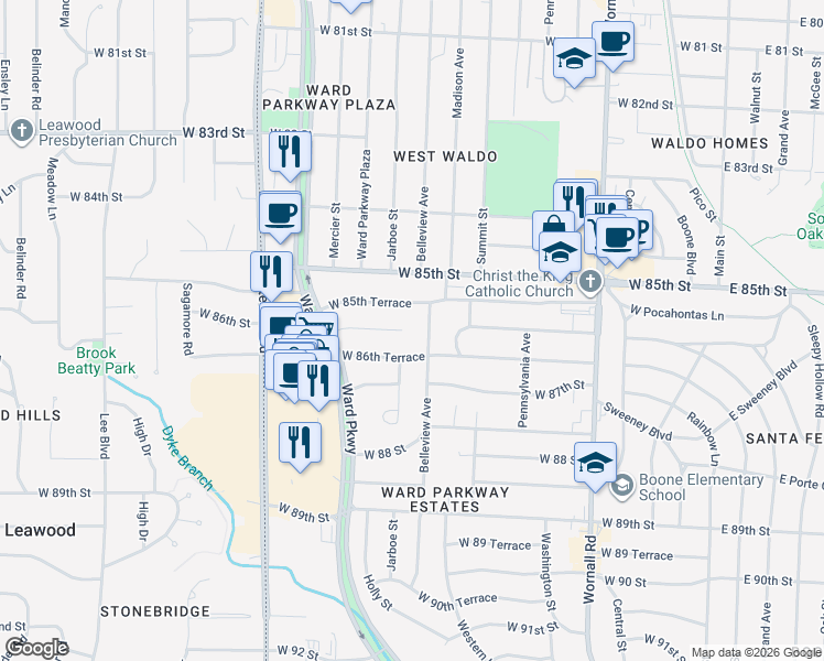 map of restaurants, bars, coffee shops, grocery stores, and more near 8512 Belleview Avenue in Kansas City