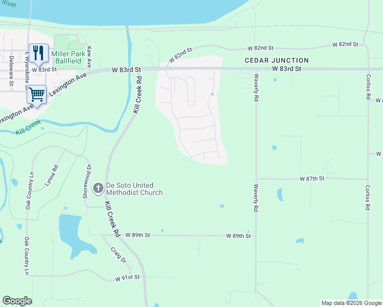 map of restaurants, bars, coffee shops, grocery stores, and more near 31475 West 83rd Street in De Soto