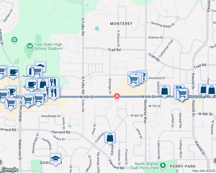 map of restaurants, bars, coffee shops, grocery stores, and more near 523 Eldridge Street in Lawrence