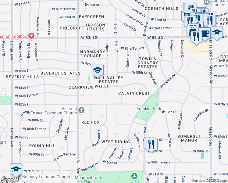 map of restaurants, bars, coffee shops, grocery stores, and more near 5001 West 86th Street in Prairie Village