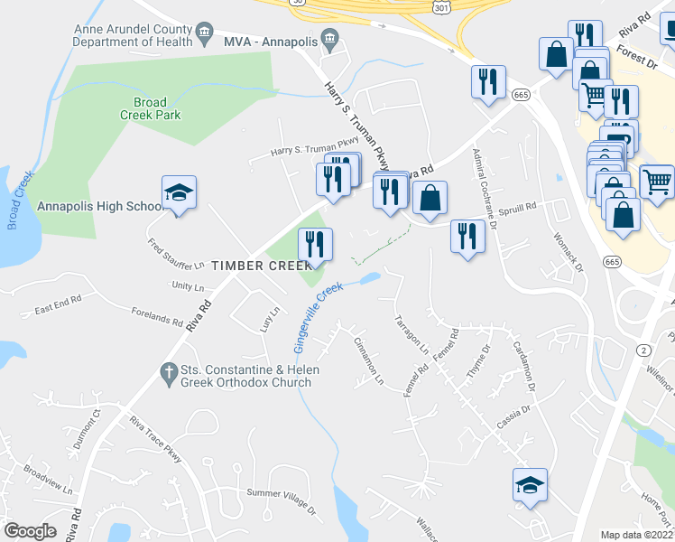 map of restaurants, bars, coffee shops, grocery stores, and more near 2733 Cabernet Lane in Annapolis