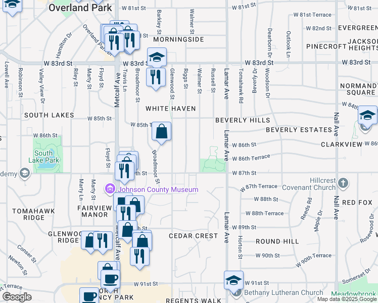 map of restaurants, bars, coffee shops, grocery stores, and more near 8600 Riggs Street in Overland Park