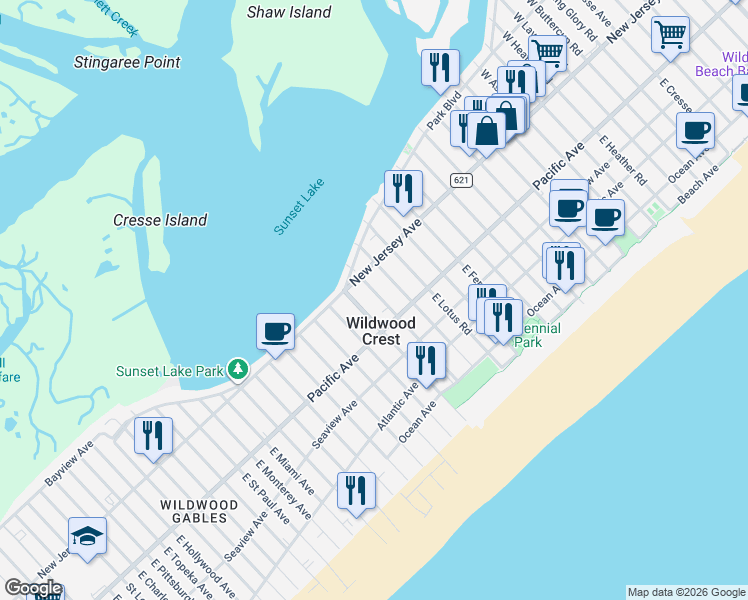 map of restaurants, bars, coffee shops, grocery stores, and more near 113 East Primrose Road in Wildwood Crest