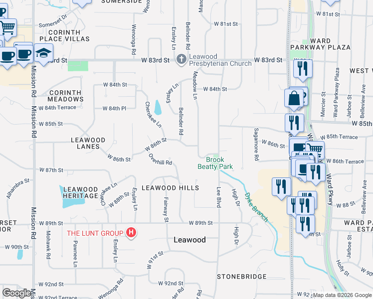map of restaurants, bars, coffee shops, grocery stores, and more near 8601 Belinder Road in Leawood