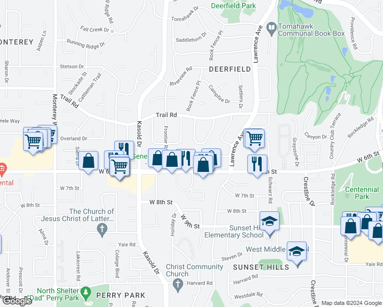 map of restaurants, bars, coffee shops, grocery stores, and more near 3220 Mesa Way in Lawrence