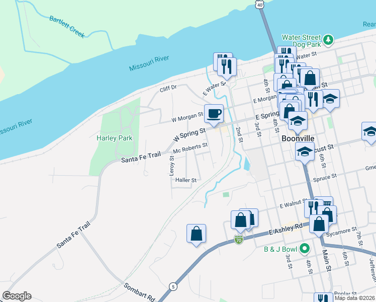 map of restaurants, bars, coffee shops, grocery stores, and more near 215 Mc Roberts Street in Boonville
