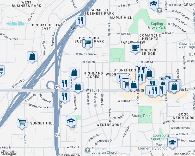 map of restaurants, bars, coffee shops, grocery stores, and more near 8541 Melrose Street in Overland Park