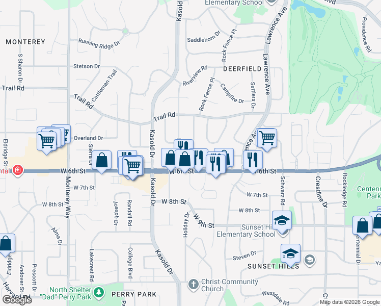 map of restaurants, bars, coffee shops, grocery stores, and more near 3320 Mesa Way in Lawrence