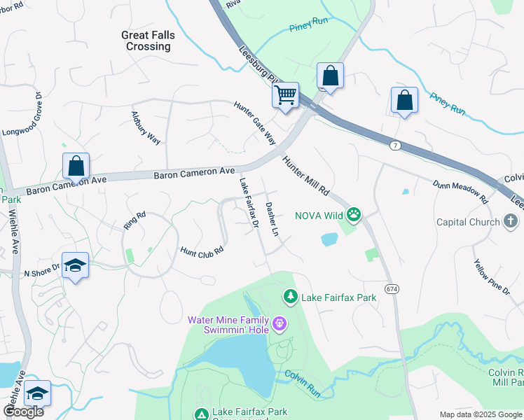 map of restaurants, bars, coffee shops, grocery stores, and more near 1314 Dasher Lane in Reston