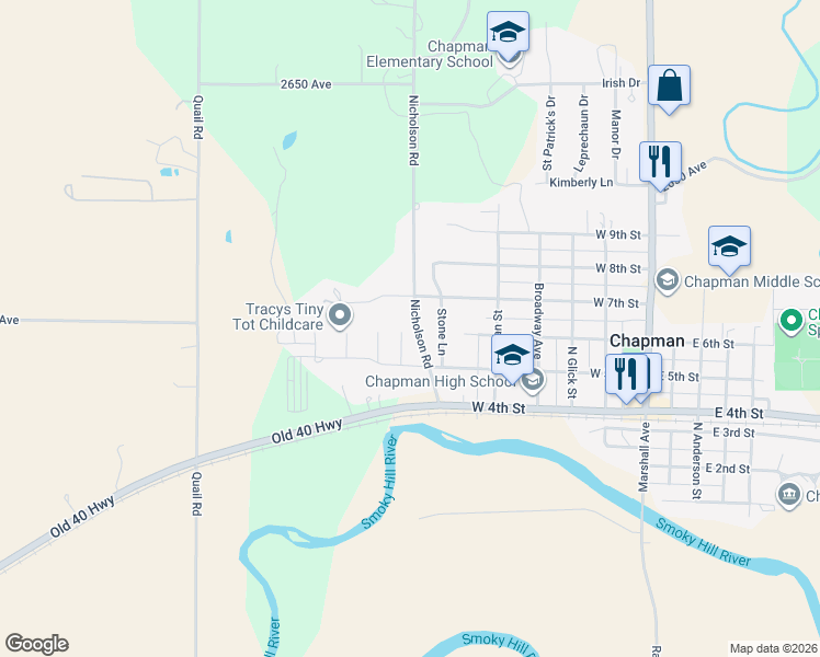 map of restaurants, bars, coffee shops, grocery stores, and more near 629 Nicholson Road in Chapman