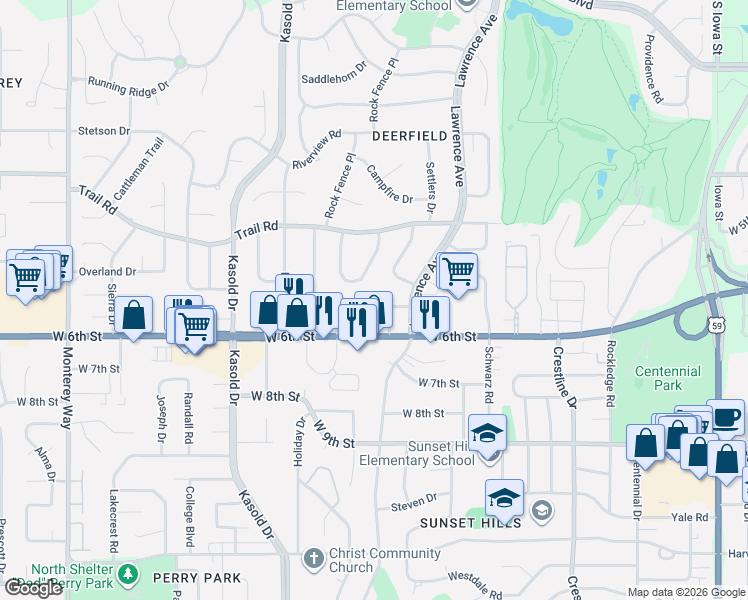 map of restaurants, bars, coffee shops, grocery stores, and more near 3120 Mesa Way in Lawrence